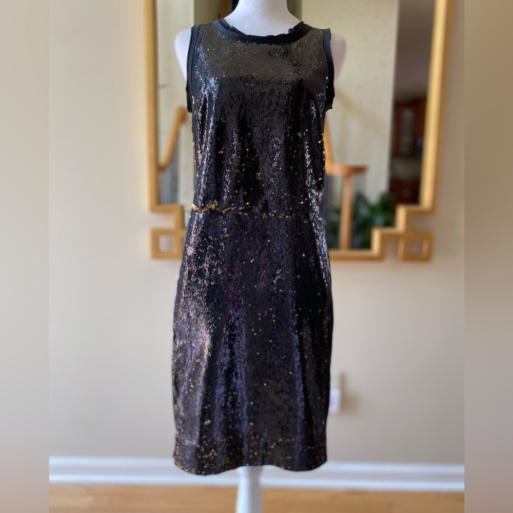 Michael Kors Black Gold Sequin Dress Sleeveless Cocktail Party sz 2